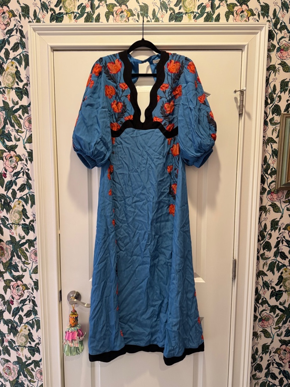 Sky Blue Midi Dress with Red Floral Embroidery and Black Trim